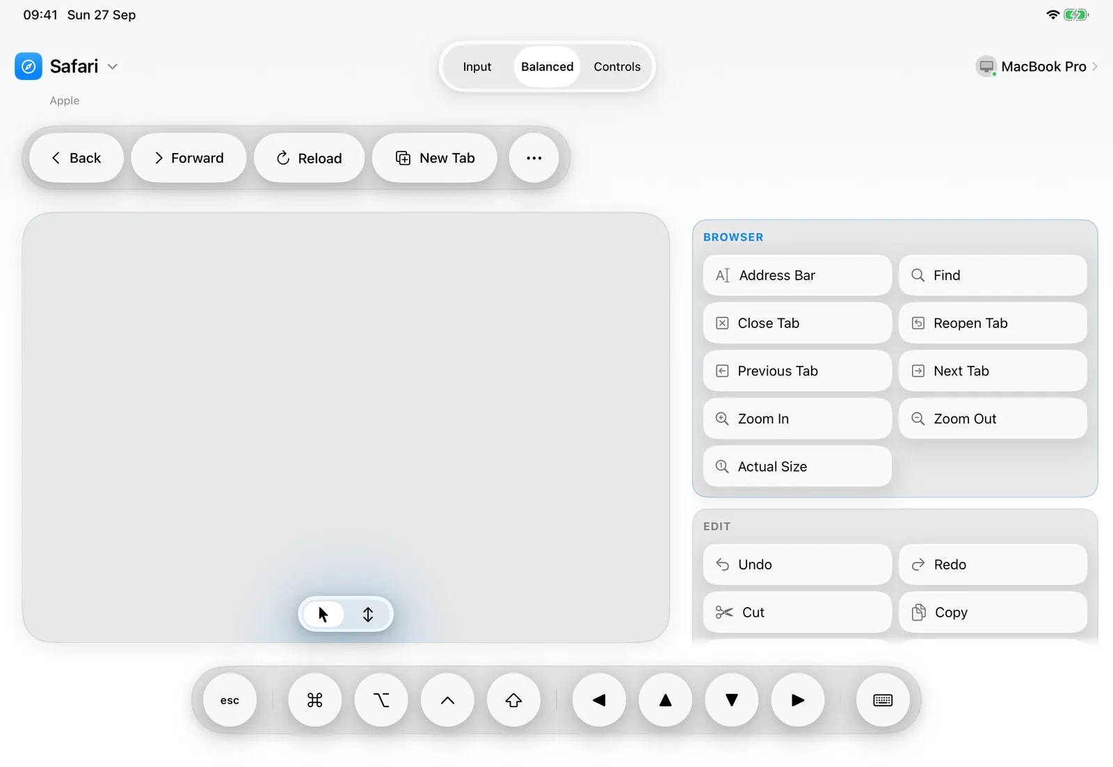 Balanced layout: a trackpad beside the app's other commands