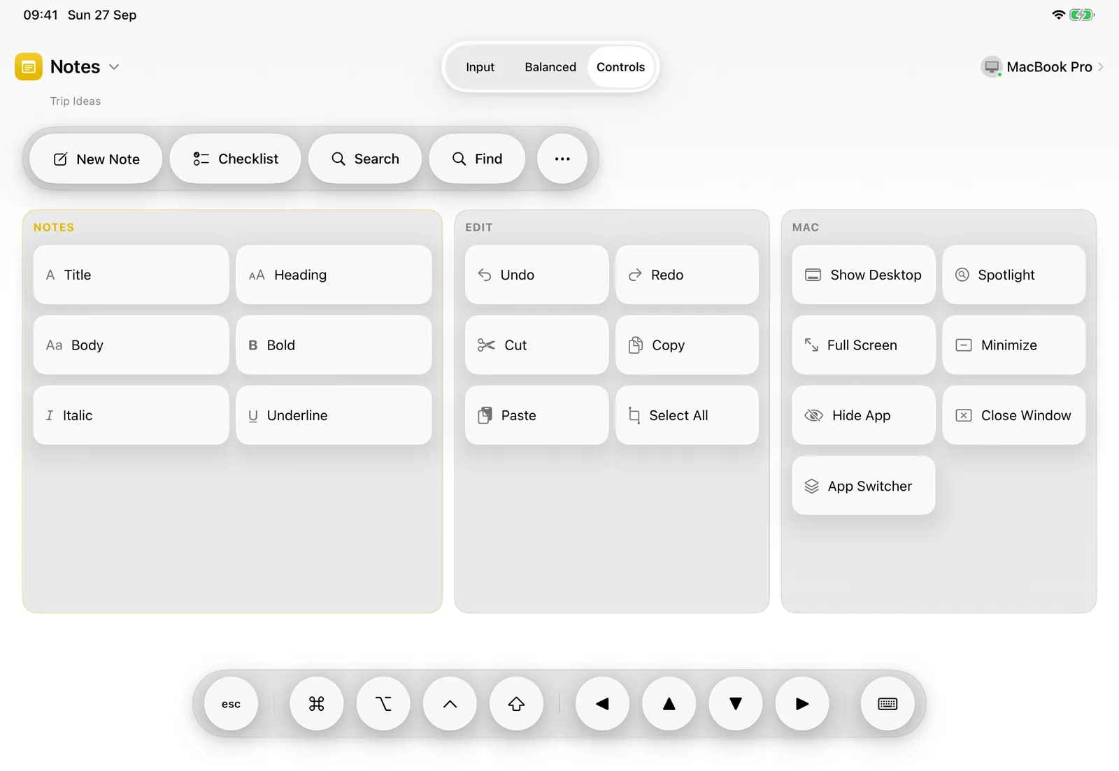 ControlPad for Notes: New Note, Checklist, Search and Find, plus Title, Heading, Bold, Italic and more