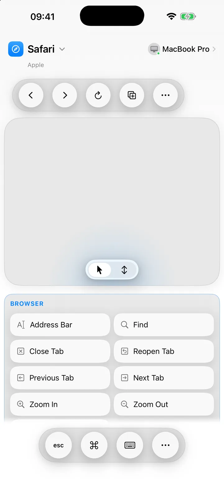 ControlPad on iPhone in Balanced layout: a trackpad above Safari's commands