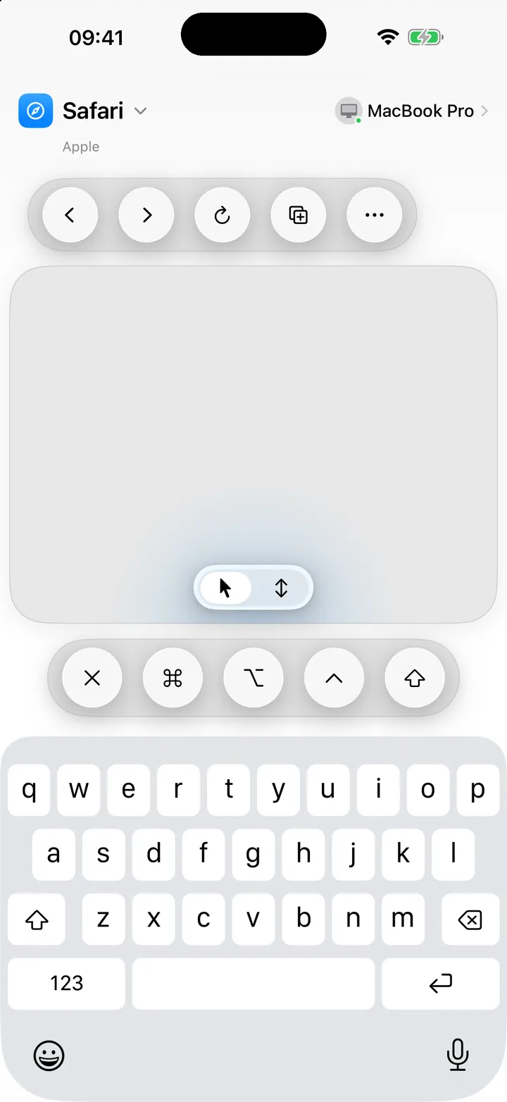 ControlPad on iPhone: Safari's commands and a trackpad, with Command, Option, Control and Shift above the iPhone keyboard